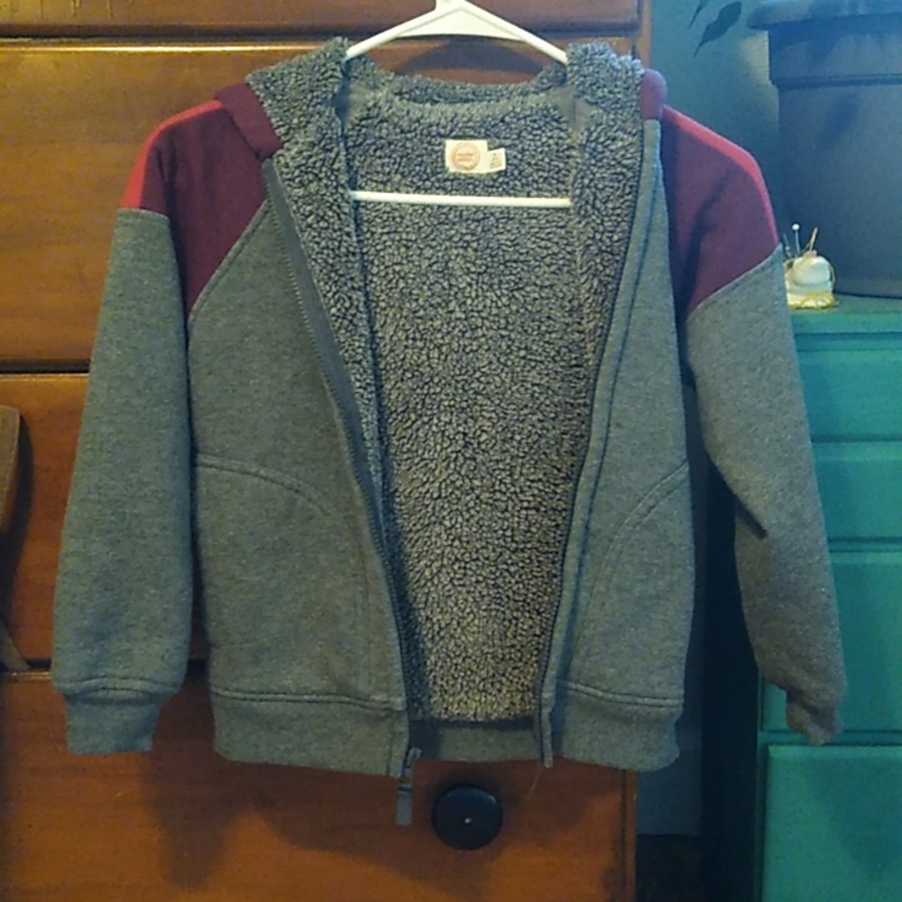 Fleece Lined Zip Up Grey and Maroon Hoodie, Child's Small Very Good Condition